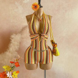 Women Stripe Halter Neck Deep V Hollow Out Knit Romper