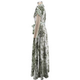 Spring & Autumn Women Printed Turndown Collar Short Sleeve Slim Waist Casual Long Shirt Dress（Processing time need 3-6 days）