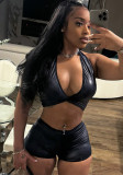 Women Crop Halter Neck Cami Top Tight Fitting Solid Color Shorts Two-Piece Set