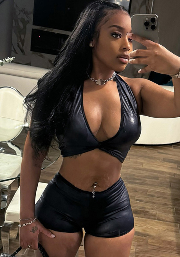 Women Crop Halter Neck Cami Top Tight Fitting Solid Color Shorts Two-Piece Set