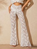 Women Lace See-Through High Waist Bell Bottom Wide Leg Pants Holiday Style Long Pants