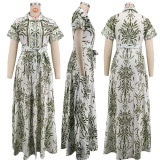 Spring & Autumn Women Printed Turndown Collar Short Sleeve Slim Waist Casual Long Shirt Dress（Processing time need 3-6 days）