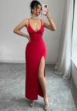 Spring Women Sexy V-Neck Strap Slit Dress Elegant High Waist Long Dress