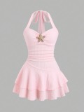 Women Elegant Textured Fabric Halter Neck Tie Mini Dress With Metal Starfish Decoration