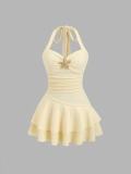 Women Elegant Textured Fabric Halter Neck Tie Mini Dress With Metal Starfish Decoration