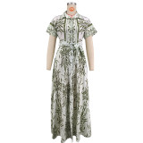 Spring & Autumn Women Printed Turndown Collar Short Sleeve Slim Waist Casual Long Shirt Dress（Processing time need 3-6 days）