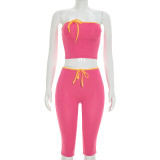 Women Sleeveless Sexy Crop Strapless Top Tight Fitting Capri Pants Color Block Set