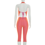 Women Fitted Cowl Neck Halter Neck Low Back Top Tight Fitting Capri Pants Two-Tone Set