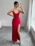Spring Women Sexy V-Neck Strap Slit Dress Elegant High Waist Long Dress