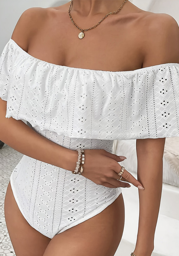 Women Sexy Off Shoulder Hollow Out Jacquard Ruffled Jumpsuit