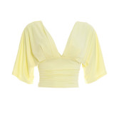 Women Solid Color V-Neck Ruffled Short Sleeve Top Tight Fitting Capri Pants Two-Piece Set