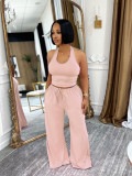 Summer Women Casual Street Halter Top & High Waist Wide Leg Pants Set