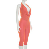 Women Fitted Cowl Neck Halter Neck Low Back Top Tight Fitting Capri Pants Two-Tone Set