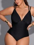 Plus Size Women Solid Color One-Piece Deep V Lace-Up Cross Low Back High Waist Tight Fitting Swimsuit