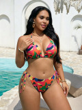 Plus Size Women Printed Halter Neck Tie Bikini Cover Up Three-Piece Swimsuit