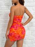 Women Sleeveless Strapless Floral Ruffled Tight Fitting Mini Bodycon Dress