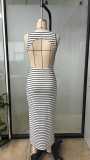 Women Striped Slit Dress Sexy Ribbed Knit Maxi Dress Holiday Style