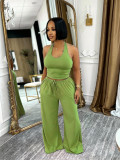 Summer Women Casual Street Halter Top & High Waist Wide Leg Pants Set