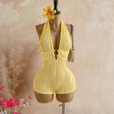 Women Stripe Halter Neck Deep V Hollow Out Knit Romper