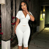 Women Solid Color V-Neck Ruffled Short Sleeve Top Tight Fitting Capri Pants Two-Piece Set