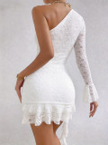 Summer Women Chic Lace One-Shoulder Fitted Mini Dress Sexy Party Dress