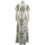 Spring & Autumn Women Printed Turndown Collar Short Sleeve Slim Waist Casual Long Shirt Dress（Processing time need 3-6 days）
