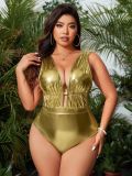 Plus Size Women Shiny Fabric Hollow Out One-Piece Swimsuit