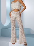 Women Lace See-Through High Waist Bell Bottom Wide Leg Pants Holiday Style Long Pants
