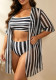 Plus Size Women Mesh Strapless Three-Piece Striped High Waist Bikini Swimsuit