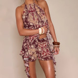 Summer Women Casual Sleeveless Halter Neck Top Printed Shorts Set
