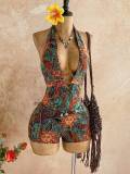 Women Stripe Halter Neck Deep V Hollow Out Knit Romper