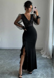 Spring & Autumn Women Elegant Sexy V-Neck High Waist Fitted Sequin Patchwork Elastic Knit Long Dress