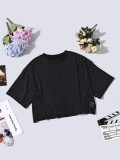 Women High Stretch Silver Cropped Round Neck Loose T-Shirt