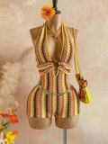 Women Stripe Halter Neck Deep V Hollow Out Knit Romper