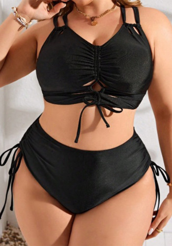 Plus Size Women Drawstring High Waist Hollow Out Two-Piece Swimsuit