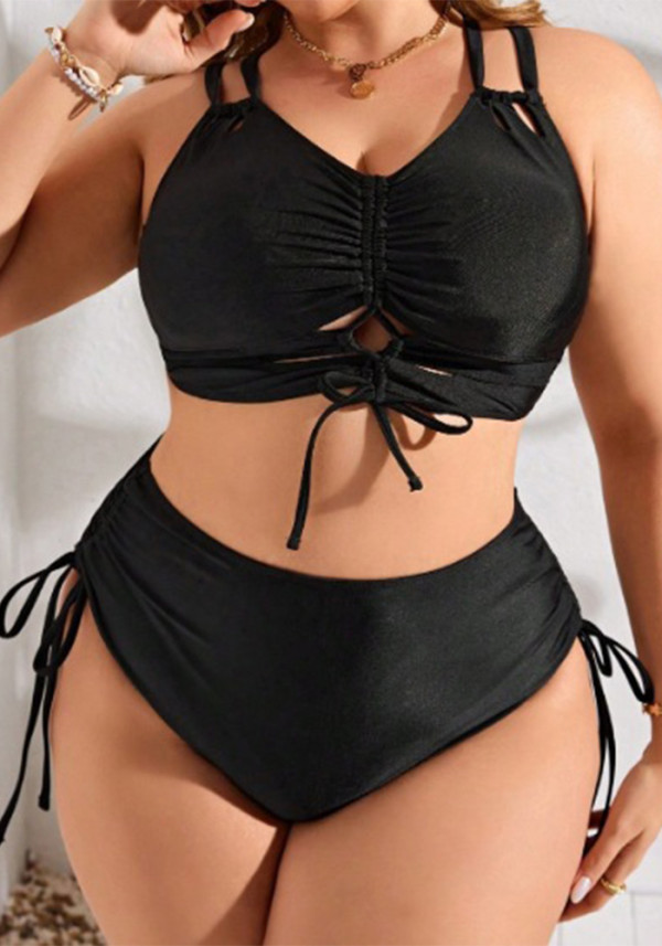Plus Size Women Drawstring High Waist Hollow Out Two-Piece Swimsuit