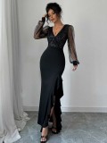 Spring & Autumn Women Elegant Sexy V-Neck High Waist Fitted Sequin Patchwork Elastic Knit Long Dress