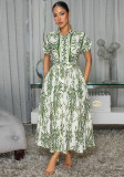 Spring & Autumn Women Printed Turndown Collar Short Sleeve Slim Waist Casual Long Shirt Dress（Processing time need 3-6 days）