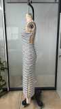 Women Striped Slit Dress Sexy Ribbed Knit Maxi Dress Holiday Style