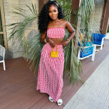 Women Sexy Wrap Strapless Top Plaid Long Skirt Two-Piece Set