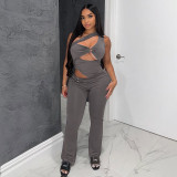 Summer Women Solid Color Slash Shoulder Hollow Out Open Waist Jumpsuit