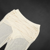 Women Solid Color Mesh Patchwork See-Through Crop Top Bell Bottom Pants Two-Piece Set
