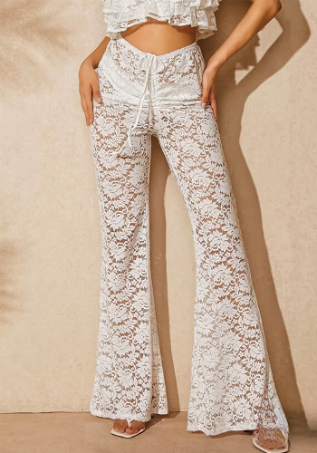 Women Lace See-Through High Waist Bell Bottom Wide Leg Pants Holiday Style Long Pants