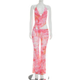 Summer Women Sexy Metallic Halter Neck Pink Printed Low Back Jumpsuit