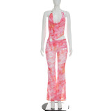 Summer Women Sexy Metallic Halter Neck Pink Printed Low Back Jumpsuit