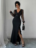 Spring & Autumn Women Elegant Sexy V-Neck High Waist Fitted Sequin Patchwork Elastic Knit Long Dress