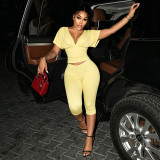 Women Solid Color V-Neck Ruffled Short Sleeve Top Tight Fitting Capri Pants Two-Piece Set