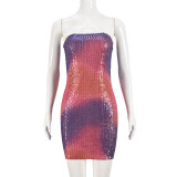Women Color Block Tie-Dye Sequin Low Back Strapless Evening Party Dress