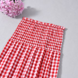 Women Sexy Wrap Strapless Top Plaid Long Skirt Two-Piece Set