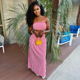 Women Sexy Wrap Strapless Top Plaid Long Skirt Two-Piece Set